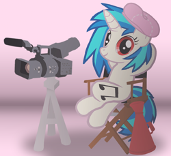 Size: 3600x3300 | Tagged: safe, artist:agkandphotomaker2000, character:dj pon-3, character:vinyl scratch, species:pony, species:unicorn, camera, camera on tripod, chair, crossed legs, director, director's chair, director's hat, female, hooves, horn, mare, megaphone, sitting, smiling, solo, tripod