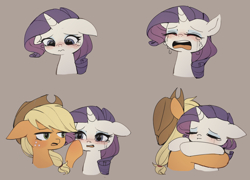 Size: 1824x1312 | Tagged: safe, artist:tcn1205, character:applejack, character:rarity, species:earth pony, species:pony, species:unicorn, ship:rarijack, g4, comforting, comic, crying, cute, eyebrows, female, floppy ears, hnnng, hug, jackabetes, lesbian, mare, raribetes, sad, sadorable, shipping, simple background, weapons-grade cute
