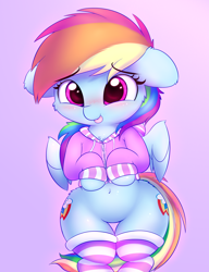 Size: 2000x2600 | Tagged: safe, artist:heavymetalbronyyeah, character:rainbow dash, species:pegasus, species:pony, belly button, blep, blushing, both cutie marks, cheek fluff, chest fluff, clothing, cute, dashabetes, dawwww, ear fluff, featureless crotch, female, floppy ears, hnnng, hoodie, leg fluff, mlem, pink background, semi-anthro, sexy, silly, simple background, socks, solo, spread wings, standing, striped socks, stupid sexy rainbow dash, thighs, tongue out, wide hips, wing fluff, wings