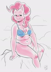 Size: 1448x2048 | Tagged: safe, artist:raph13th, character:pinkie pie, species:anthro, species:earth pony, species:pony, belly, belly button, bikini, breasts, busty pinkie pie, chubbie pie, chubby, clothing, lidded eyes, plump, smiling, swimsuit