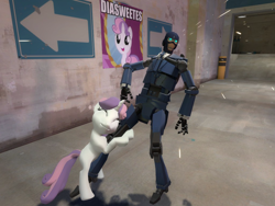 Size: 1024x768 | Tagged: safe, artist:pika-robo, character:sweetie belle, 3d, crossover, cute, diasweetes, gmod, hug, implied sweetie bot, robospy, robot, spy, team fortress 2