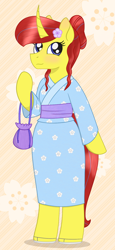 Size: 832x1804 | Tagged: safe, artist:dyonys, oc, oc:maya yamato, species:pony, species:unicorn, bag, blushing, clothing, curved horn, cute, flower, flower in hair, horn, sandals, semi-anthro, simple background, standing, yukata