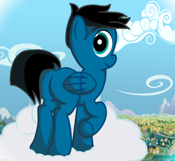 Size: 3600x3300 | Tagged: safe, artist:agkandphotomaker2000, oc, oc:pony video maker, species:pegasus, species:pony, butt, cloud, looking at you, plot, ponyville, standing on a cloud, view from below