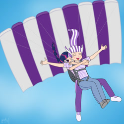 Size: 2000x2000 | Tagged: safe, artist:phallen1, character:twilight sparkle, character:twilight velvet, species:human, air ponyville, female, hug, humanized, mother and daughter, parachute, sky, skydiving, twilight day