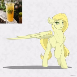 Size: 3000x3000 | Tagged: safe, artist:skitsroom, oc, oc only, oc:lemon cocktail, species:pegasus, species:pony, drink, female, irl, mare, one wing out, pegasus oc, photo, raised hoof, reference sheet, solo, spread wings, wings