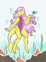 Size: 2472x3369 | Tagged: safe, artist:raph13th, character:fluttershy, species:anthro, species:plantigrade anthro, bubble, clothing, female, fish, fluttershark, marker drawing, one-piece swimsuit, original species, shark pony, sharkified, smiling, species swap, swimsuit, traditional art, underwater