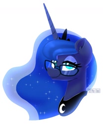 Size: 1037x1246 | Tagged: safe, artist:puetsua, character:princess luna, species:alicorn, species:pony, bust, ear fluff, female, glasses, jewelry, lidded eyes, looking at you, mare, peytral, portrait, regalia, simple background, smiling, solo, white background