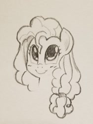 Size: 540x720 | Tagged: safe, artist:trickydick, character:pear butter, species:earth pony, species:pony, blushing, bust, cute, female, mare, monochrome, sketch, smiling, solo, traditional art
