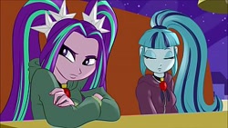 Size: 352x198 | Tagged: safe, artist:ponut_joe, character:aria blaze, character:sonata dusk, equestria girls:rainbow rocks, g4, my little pony: equestria girls, my little pony:equestria girls, aria blaze is not amused, clothing, crossed arms, eyes closed, jacket, pigtails, ponytail, unamused