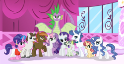 Size: 4505x2341 | Tagged: safe, artist:velveagicsentryyt, character:button mash, character:cookie crumbles, character:hondo flanks, character:rarity, character:spike, character:sweetie belle, oc, oc:burnity, oc:sky city, oc:spectrum lights, oc:strawberlly, parent:button mash, parent:fancypants, parent:rarity, parent:spike, parent:sweetie belle, parents:raripants, parents:sparity, parents:sweetiemash, species:dracony, species:dragon, species:pony, species:unicorn, ship:sparity, cousins, female, filly, half-siblings, hybrid, interspecies offspring, male, mare, offspring, older, older spike, shipping, stallion, straight, sweetiemash, winged spike