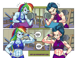 Size: 868x663 | Tagged: safe, artist:art-2u, character:indigo zap, character:rainbow dash, species:human, my little pony:equestria girls, abs, armpits, biceps, clothing, commission, dialogue, dumbbell (object), flexing, gym, indigo max, muscles, rainbuff dash, showing off, speech bubble, sweat