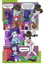 Size: 599x891 | Tagged: safe, artist:art-2u, character:rarity, character:raven inkwell, my little pony:equestria girls, bra, breasts, clothing, comic, darling, dress making, equestria girls-ified, female, marshmelodrama, misspelling, panties, purple underwear, rarity being rarity, red underwear, shocked, side slit, underwear, undressing
