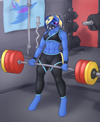 Size: 4118x5018 | Tagged: safe, artist:daf, oc, oc only, oc:enyo, species:anthro, species:pony, species:unguligrade anthro, species:unicorn, abs, breasts, cleavage, female, lifting, mask, solo, spandex, unicorn oc, weight lifting, weights