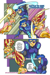Size: 599x891 | Tagged: safe, artist:art-2u, character:daydream shimmer, character:flash sentry, character:sunset shimmer, comic:a battle to save a possessed soul, my little pony:equestria girls, abs, arm cannon, armor, armpits, big breasts, blade, breasts, busty sunset shimmer, comic, commission, corrupted, dark samus, daydream shimmer, duel, energy weapon, female, fight, male, metroid, metroid prime, phazon, possessed, weapon