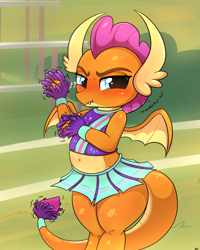 Size: 2000x2500 | Tagged: safe, artist:heavymetalbronyyeah, character:smolder, species:dragon, episode:2-4-6 greaaat, adorable face, adorasexy, belly, belly button, cheerleader, cheerleader smolder, cute, descriptive noise, embarrassed, female, humiliated, humiliation, implied weight gain, midriff, sexy, smolderbetes, smoldere, solo, tsundere, wide hips