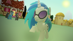 Size: 3840x2160 | Tagged: safe, artist:agkandphotomaker2000, character:dj pon-3, character:vinyl scratch, oc, oc:arnold the pony, oc:pony video maker, species:pony, species:unicorn, 3d, ocs in the background, ponies in the background, ponyville, sugarcube corner, walking around town