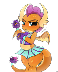 Size: 2000x2500 | Tagged: safe, alternate version, artist:heavymetalbronyyeah, character:smolder, episode:2-4-6 greaaat, belly, belly button, blushing, blushing profusely, cheerleader outfit, cheerleader smolder, clothing, cute, embarrassed, female, humiliated, humiliation, midriff, simple background, smolderbetes, smoldere, solo, tsundere, white background, wide hips