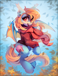 Size: 800x1057 | Tagged: safe, artist:share dast, oc, oc only, oc:sweet riot, species:bat pony, species:pony, bat pony oc, clothing, female, flying, leaves, mare, scarf, solo, speedpaint available, sweater