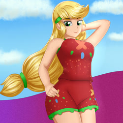 Size: 2000x2000 | Tagged: safe, artist:focusb, character:applejack, species:human, equestria girls:spring breakdown, g4, my little pony: equestria girls, my little pony:equestria girls, spoiler:eqg series (season 2), arm behind head, body freckles, breasts, busty applejack, clothing, female, freckles, humanized, looking at you, solo