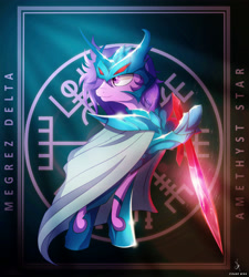 Size: 4300x4770 | Tagged: safe, artist:zidanemina, character:amethyst star, character:sparkler, species:pony, amethyst, armor, armored pony, asgardian, crossover, female, jewel sword, megrez delta, nordic, norse, saint seiya, solo, sword, vegvisir, weapon