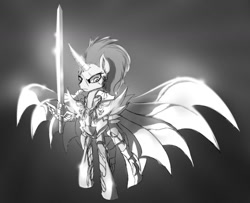 Size: 1579x1284 | Tagged: safe, artist:zidanemina, character:tempest shadow, armor, black and white, crossover, female, grayscale, monochrome, saint seiya, sketch, solo, wyvern