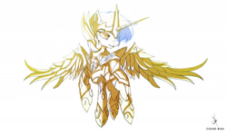 Size: 2200x1302 | Tagged: safe, artist:zidanemina, oc, oc:rood, oc:sagittarius rood, species:alicorn, species:pony, armor, crossover, flying, gold armor, gold cloth, looking at something, male, sagittarius, saint seiya, simple background, sketch, solo, stallion, white background, winged unicorn