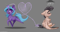Size: 3250x1750 | Tagged: safe, artist:skitsroom, oc, oc only, oc:eleane tih, oc:mayata, species:pegasus, species:pony, species:unicorn, angry, blushing, chibi, cloud, cute, eyes closed, female, frown, happy, heart, heart eyes, horn, looking back, love, magic, mare, open mouth, raised hoof, shipping, simple background, sitting, smiling, telekinesis, wingding eyes, wings