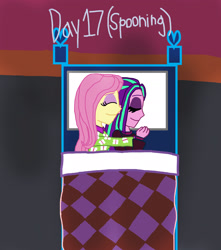 Size: 2000x2267 | Tagged: safe, artist:bigpurplemuppet99, character:aria blaze, character:fluttershy, ship:ariashy, my little pony:equestria girls, 30 day otp challenge, bed, cuddling, female, flutterblaze, lesbian, shipping, spooning