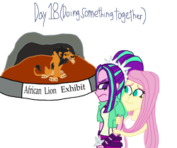 Size: 2000x1673 | Tagged: safe, artist:bigpurplemuppet99, character:aria blaze, character:fluttershy, ship:ariashy, my little pony:equestria girls, 30 day otp challenge, female, flutterblaze, lesbian, scar, shipping, the lion king, zoo