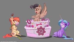 Size: 3500x2000 | Tagged: safe, artist:hitbass, artist:skitsroom, oc, oc only, oc:eleane tih, oc:mayata, oc:rusty gears, species:earth pony, species:pegasus, species:pony, species:unicorn, angry, cake, chest fluff, collaboration, female, food, gray background, mare, pointy ponies, simple background, smiling, spread wings, trio, wings