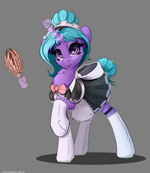 Size: 2600x3000 | Tagged: safe, artist:skitsroom, oc, oc only, oc:eleane tih, species:pony, species:unicorn, clothing, cute, duster, female, gray background, high res, levitation, magic, maid, mare, simple background, skirt, smiling, socks, solo, stockings, telekinesis, thigh highs