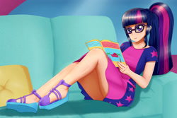 Size: 2256x1504 | Tagged: safe, artist:focusb, character:twilight sparkle, character:twilight sparkle (scitwi), species:eqg human, species:human, equestria girls:spring breakdown, g4, my little pony: equestria girls, my little pony:equestria girls, spoiler:eqg series (season 2), adorkable, beautiful, clothing, couch, cute, dork, dress, female, glasses, human coloration, legs, magazine, ponytail, reading, sandals, schrödinger's pantsu, solo, thighs, upskirt denied