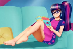 Size: 1280x853 | Tagged: safe, artist:focusb, character:twilight sparkle, character:twilight sparkle (scitwi), species:eqg human, equestria girls:spring breakdown, g4, my little pony: equestria girls, my little pony:equestria girls, spoiler:eqg series (season 2), adorkable, barefoot, beautiful, clothing, couch, cute, dork, dress, feet, female, glasses, legs, luxe deluxe, lying down, magazine, ponytail, schrödinger's pantsu, sexy, solo, thighs, throw pillow