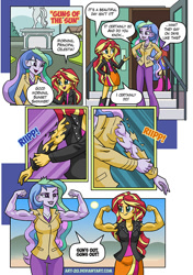 Size: 600x851 | Tagged: safe, artist:art-2u, character:princess celestia, character:principal celestia, character:sunset shimmer, my little pony:equestria girls, clothing, duo, female, flexing, muscles, princess musclestia, principal musclestia, ripping clothes, sunset lifter