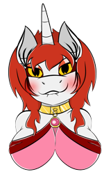 Size: 1529x2550 | Tagged: safe, artist:skyspeardraw, character:daybreaker, character:princess celestia, oc, oc:jannika, species:anthro, bust, female, human to anthro, lip bite, missing accessory, possessed, transformation