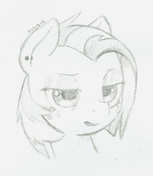 Size: 915x1053 | Tagged: safe, artist:trickydick, character:babs seed, species:pony, bust, ear piercing, earring, female, filly, jewelry, lidded eyes, monochrome, open mouth, piercing, sketch, solo, traditional art, unamused