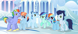 Size: 6649x2937 | Tagged: safe, artist:velveagicsentryyt, character:bow hothoof, character:rainbow dash, character:soarin', character:windy whistles, oc, oc:prisdale, oc:rainbow blitzes, parent:rainbow dash, parent:soarin', parents:soarindash, species:pegasus, species:pony, ship:soarindash, absurd resolution, backwards cutie mark, female, male, mare, offspring, shipping, stallion, straight