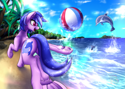 Size: 1323x935 | Tagged: safe, artist:cafecomponeis, character:sea swirl, species:pony, species:unicorn, ball, commission, cutie mark, dolphin, female, island, mare, open mouth, sand, scenery, seashore, tree, underhoof