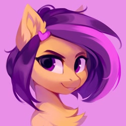 Size: 1024x1024 | Tagged: safe, artist:lispp, artist:share dast, oc, oc only, oc:amethyst arkin, species:pony, bust, chest fluff, ear fluff, looking at you, pink background, simple background, solo
