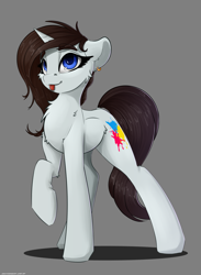 Size: 2200x3000 | Tagged: safe, artist:skitsroom, oc, oc only, oc:leesys, species:pony, blep, cute, cutie mark, female, gray background, long legs, mare, raised hoof, simple background, solo, tongue out