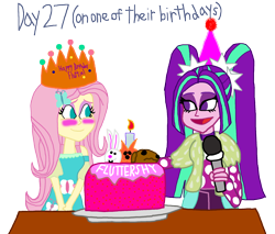 Size: 2000x1706 | Tagged: safe, artist:bigpurplemuppet99, character:aria blaze, character:fluttershy, ship:ariashy, g4, my little pony: equestria girls, my little pony:equestria girls, 30 day otp challenge, birthday cake, birthday crown, blushing, cake, clothing, female, flutterblaze, food, hat, lesbian, microphone, party hat, shipping
