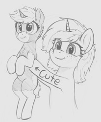 Size: 538x652 | Tagged: safe, artist:zippysqrl, oc, oc only, oc:nootaz, oc:sign, species:pony, species:unicorn, body writing, chest fluff, cute, duo, female, freckles, grayscale, holding a pony, hoof hold, hooves up, monochrome, smiling