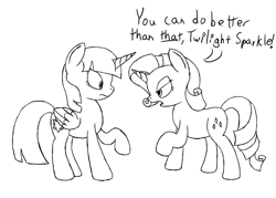 Size: 1400x1000 | Tagged: safe, artist:spritepony, character:rarity, character:twilight sparkle, character:twilight sparkle (alicorn), species:alicorn, species:pony, species:unicorn, 30 minute art challenge, fencing, lineart, sketch, speech, text