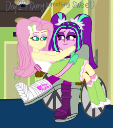 Size: 2000x2266 | Tagged: safe, artist:bigpurplemuppet99, character:aria blaze, character:fluttershy, ship:ariashy, my little pony:equestria girls, 30 day otp challenge, female, flutterblaze, footcast, lesbian, shipping, sitting on person, wheelchair