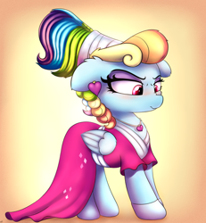 Size: 2400x2600 | Tagged: safe, artist:heavymetalbronyyeah, character:rainbow dash, species:pegasus, species:pony, episode:sparkle's seven, g4, my little pony: friendship is magic, alternate hairstyle, blushing, clothing, cute, dashabetes, dress, ear piercing, earring, eyeshadow, female, floppy ears, jewelry, makeup, mare, megaradash, piercing, rainbow dash always dresses in style, scrunchy face, solo