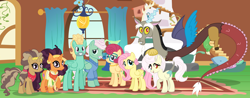 Size: 8304x3240 | Tagged: safe, artist:velveagicsentryyt, character:discord, character:fluttershy, character:gentle breeze, character:posey shy, character:saffron masala, character:zephyr breeze, oc, oc:destiny, parent:discord, parent:fluttershy, parent:saffron masala, parent:zephyr breeze, parents:discoshy, parents:saffron breeze, species:pony, ship:discoshy, female, hybrid, interspecies offspring, male, offspring, saffron breeze, shipping, straight