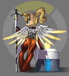 Size: 1500x1669 | Tagged: safe, artist:lunebat, artist:pony-way, species:earth pony, species:pony, artificial wings, augmented, biohacking, butt, clothing, cyborg, loot box, mechanical wing, mercy, overwatch, plot, ponified, wings