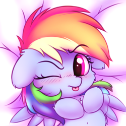 Size: 2500x2500 | Tagged: safe, artist:heavymetalbronyyeah, character:rainbow dash, species:pegasus, species:pony, bed, belly button, blep, blushing, cheek fluff, chest fluff, cute, dashabetes, ear fluff, female, floppy ears, leg fluff, looking at you, mlem, on back, on bed, one eye closed, raised eyebrow, silly, solo, tongue out, wink