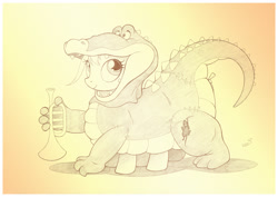 Size: 1073x759 | Tagged: safe, artist:sherwoodwhisper, oc, oc:eri, species:pony, alligator, clothing, cosplay, costume, disney, louis, mouse, musical instrument, princess and the frog, traditional art, trumpet