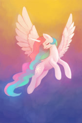 Size: 808x1200 | Tagged: safe, artist:asimos, artist:maytee, character:princess celestia, species:alicorn, species:pony, eyes closed, female, flying, gradient background, mare, solo, spread wings, wings